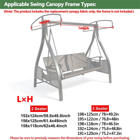 Diagram showing dimensions for All Weather Outdoor Swing Canopy Replacement Cover for swing frames, 2-3 seater sizes.