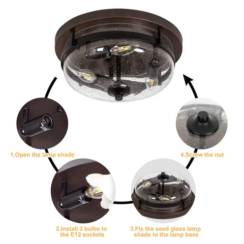 Assembly steps for Three Light Flush Mount Ceiling Light Dope Industrial Farmhouse Fixture With Seeded Glass Shade In Bronze Finish 15 Inch