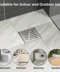 6 Inch Square Shower Drain With Brushed Nickel Surface Premium 304 Stainless Steel Build features smart hair catcher, suitable for indoor and outdoor use.