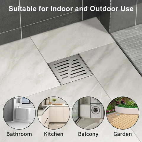 6 Inch Square Shower Drain With Brushed Nickel Surface Premium 304 Stainless Steel Build features smart hair catcher, suitable for indoor and outdoor use.
