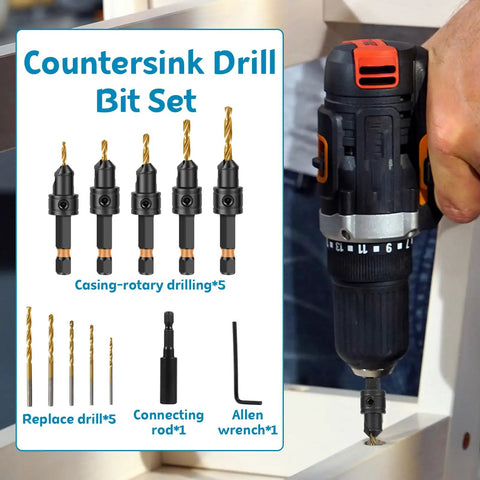 Slick 5-Piece Adjustable Countersink Drill Bit Set with Magnetic Extension Holder for sizes 4 to 12 in use with a power drill.