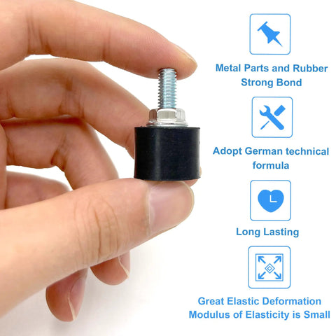 Road Warrior Style 4 Pack M6 Rubber Isolator Mounts Single Stud, hand holding a black rubber vibration dampener with metal stud.
