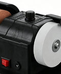 Electric Double Grinding Wheel Buffer That Cracks Rust Seals and Slays Dull Edges With Heavy Duty Polishing Power close-up view of motorized components.