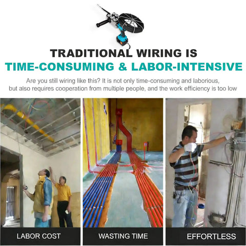 Image comparing traditional wiring methods and Knock Out Wall Wiring Like A Champ With This Heavy Duty Cordless Stringing Machine.