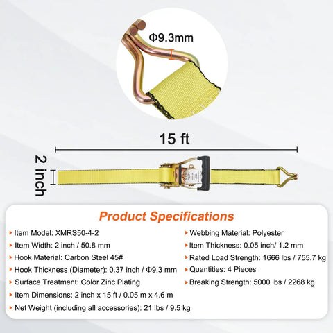 2 Inch By 15 Foot Ratchet Straps Beefy Heavy Duty 4 Pack with Double J Hooks and Padded Handles, specifications diagram