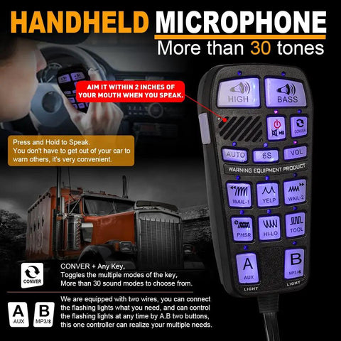Rugged 200W Emergency Siren Speaker With Hella Loud Multi Tone PA Function And Slim Aluminum Body Paired With Durable Handheld Mic Controller close-up