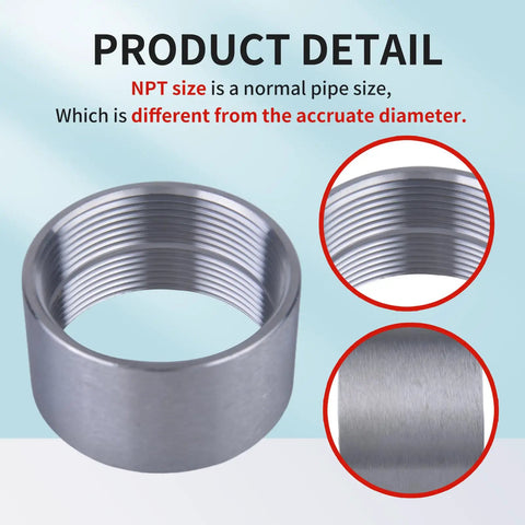 Stainless Steel 304 Weld On Bung Fitting 2 Inch NPT Female Thread Two Pack Heavy Duty Pipe Coupling for Fuel Plumbing Gas Refrigeration and Vacuum Systems, showing thread detail and material close-up.