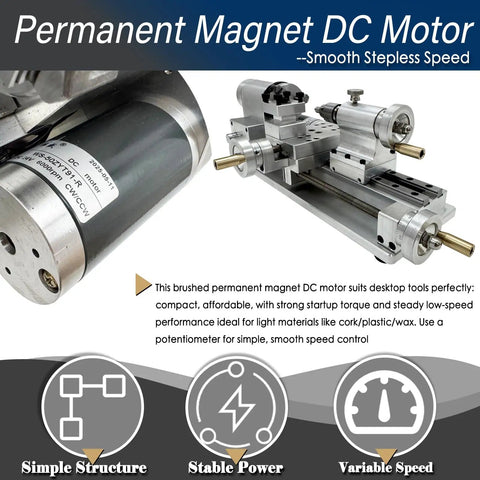 Permanent Magnet DC Motor on Straight Shooting Compact Mini Lathe Machine for turning wood, aluminum, and plastics.