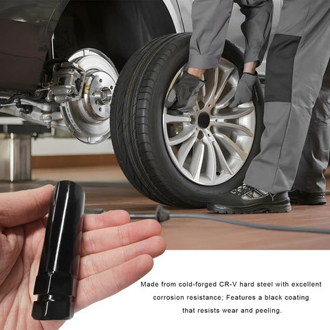 Seven Point Spline Tuner Lug Nut Key And Socket Wrench Replacement For Automotive Wheel Lock Removal Tool Fits Standard Hex Drives in hand.