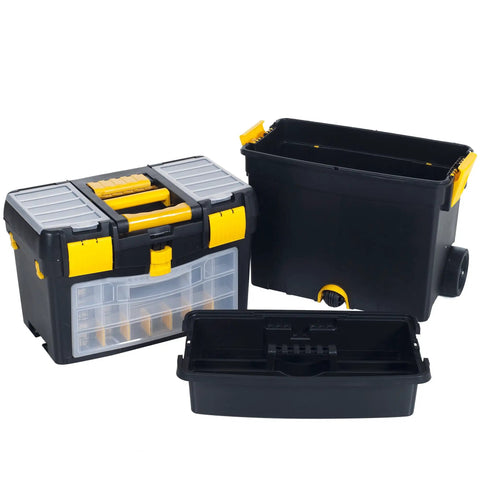 Rolling Tool Chest On Wheels With Drawers And Stackable Compartments For On The Go Jobs, Heavy Duty Mobile Utility Cart With Comfort Grip Handle