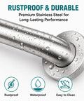 Close-up of rustproof stainless steel grab bar for stable support. Shows waterproof, non-slip features for safety. 3 Pack Wall Mounted Grab Bars for Shower and Bath, Rock Solid Bathroom Safety Handles with Hefty Weight Capacity for Seniors and Pregnant Women, Non Slip Handrails Ideal for Toilet, Hallway, and Stairs to Keep You Stable and Secure.