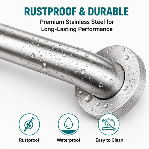 Close-up of rustproof stainless steel grab bar for stable support. Shows waterproof, non-slip features for safety. 3 Pack Wall Mounted Grab Bars for Shower and Bath, Rock Solid Bathroom Safety Handles with Hefty Weight Capacity for Seniors and Pregnant Women, Non Slip Handrails Ideal for Toilet, Hallway, and Stairs to Keep You Stable and Secure.
