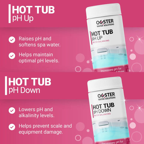Hot Tub Water Balancing Kit With Fifty Test Strips Kickstarts Your Spa Game With pH Adjusters Alkalinity Boosters And Calcium Hardness Increaser To Banish Cloudy Water And Keep Skin Happy All Season Long, featuring pH Up and Down products.