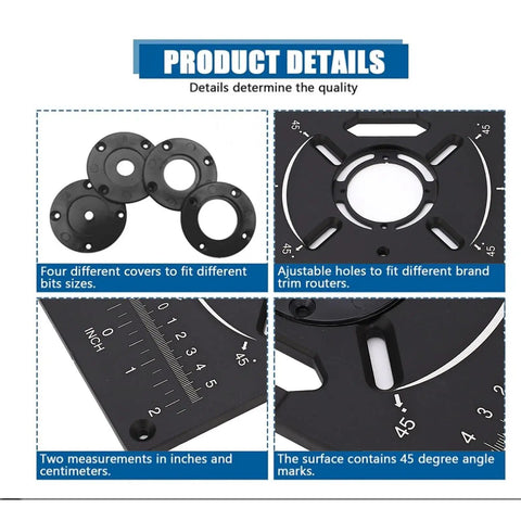 Dead Nuts Accurate Aluminum Router Table Insert Plate With Slick Inch And Centimeter Grid Markings Quick Swap Flip Board with adjustable holes and covers.