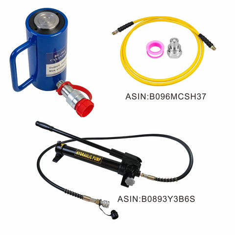Heavy Duty Single Acting Hydraulic Cylinder Ram And Portable Lifting Jack With Four Inch Stroke And Quick Connect Coupler components including pump, hydraulic lines, and quick connect coupler.