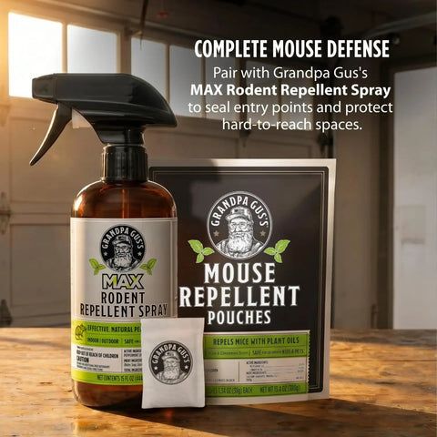 Kicks Mice To The Curb With This Heavy Duty Peppermint And Cinnamon Mouse Repellent Pouches Pack Of 10 beside Grandpa Gus's MAX Rodent Repellent Spray.