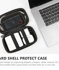 Hard Shell Tech Travel Case With All In One Cable Organizer And Mesh Pockets To Keep Your Adapters Power Banks External Drives And Memory Cards Locked Down And Ready For Any Daily Hustle Or Weekend Cruise Black, open with organized cords.