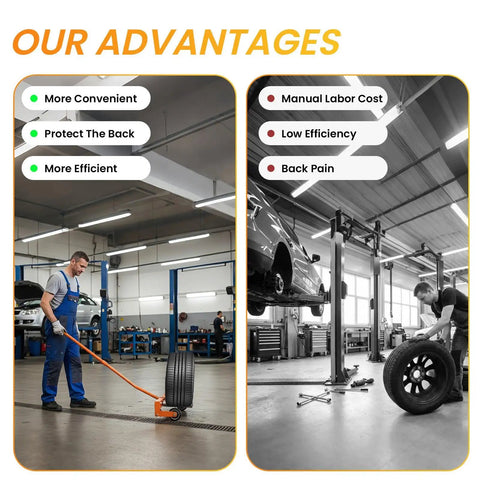 Heavy Duty Tire Wheel Dolly With Adjustable Width And Reinforced Steel Body For Quick Garage Hauling Of Car Truck And Trailer Tires Featuring Low Profile Rollers Up To 580 Pounds Capacity used in garage with tire.