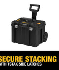 Rolling Tool Box With Wheels And Telescopic Handle Large Deep Stackable TSTAK Carrier shown with handle extended and side latches visible