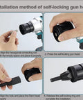 Installation method for Heavy Duty Cordless Automatic Rivet Gun With Rechargeable Battery M3 To M12 hex heads showing steps.