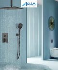 Ceiling Mount Shower System With 10 Inch Matte Black Rain Shower Head And ABS Handheld Spray 3 Functions High Pressure Built To Last All Metal Brass Construction Includes Rough In Valve And Trim Kit Single Handle Control in modern bathroom.