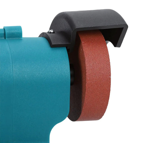 Close-up of Badass Cordless Bench Grinder Polisher Kit with coarse grinding wheel for tough metal sharpening.