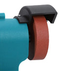 Close-up of Kickass Cordless Bench Grinder featuring dual coarse and fine wheels for metal polishing and rust removal.