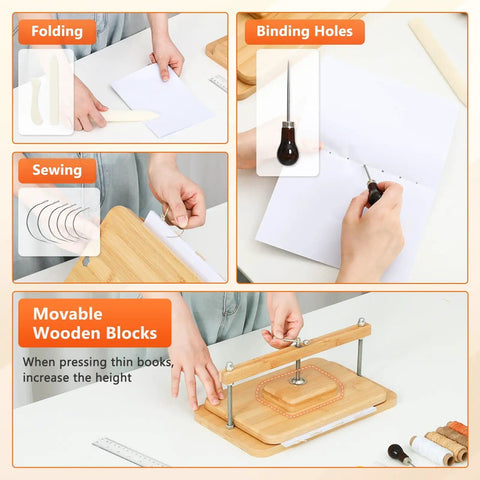 DIY Book Binding Press Kit With Bamboo Wood Construction showing folding, binding holes, sewing, and movable blocks.