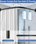 Rock Solid Black Corner Shower Curtain Rod, Adjustable 24 To 53 Inches, L Shaped 90 Degree With Ceiling Support, Includes 12 Ring Hooks, No Slip Installation For A Strong Bathroom Upgrade, black 1-inch rod in shower with curtain