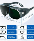 Swappable Dual Lens Welding Glasses ANSI Z87.1 Certified Safety Eyewear with dimensions labeled for accurate fitting.