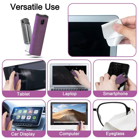 2 Pack Screen Cleaner Kit for Laptops Phones Tablets and Cars with 10ml spray, microfiber cloth, cleaner pen, and keyboard brush in use