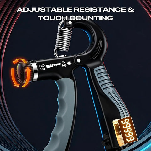 Heavy Duty Adjustable Grip Strengthener With Smart Tracking Counter Forearm Builder Tool showing adjustable resistance dial.