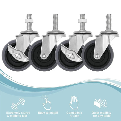 Heavy Duty Three Inch Gray Swivel Caster Wheels Set Of Four With Side Lock Brakes And Three Eighth Threaded Stem close-up view of wheels.