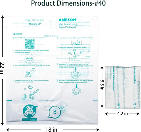 Heavy Duty Self Expanding Foam Packing Bags 18 X 22 Inches showing product dimensions and usage instructions.