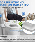 Heavy Duty Toilet Safety Rails For Seniors Featuring Rock Solid Stainless Steel Handles And Upgraded Wall Anchors For Dead Tight Bathroom Support And Steady Confidence with a user demonstrating the sturdy support.