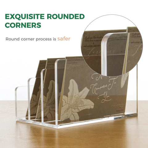 Clear Acrylic 3 Compartment Mail Holder And Desk Organizer For Bills Documents And Notebooks Vertical Letter Sorter with rounded corners.