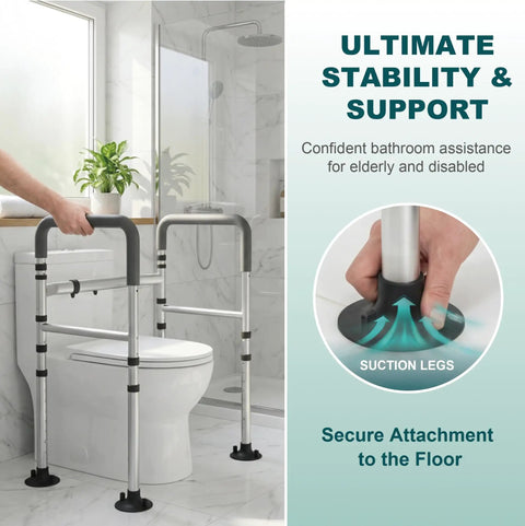 Legit Rock Solid Toilet Safety Rails, 350 Lbs Capacity Adjustable Grab Bars in a bathroom setting with suction legs.