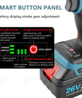 Cordless Brushless Rivet Gun With Dual Rechargeable Batteries showing smart button panel for battery display and gear adjustments.