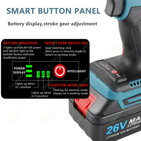 Cordless Brushless Rivet Gun With Dual Rechargeable Batteries showing smart button panel for battery display and gear adjustments.