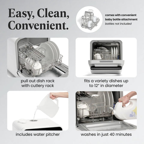 Portable Compact Countertop Dishwasher With Built In Five Liter Water Tank Plug And Play Quick Cycles Renters Approved For Tiny Apartments Rv Camper Dorm Spaces Cleans Plates Glasses And Baby Bottles No Sweat with pull-out dish rack and water pitcher.