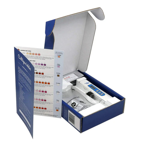 Comprehensive Home Water Test Kit For Lead Bacteria Nitrates Ph Hardness Chlorine Copper Iron And More With Digital Tds Meter open box with testing strips and meter inside.