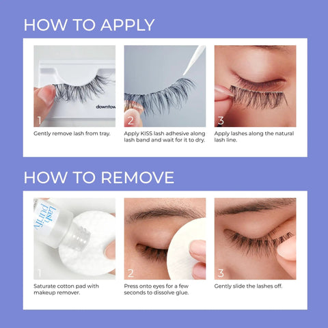 Steps to apply and remove lashes using Super Strong Black Lash Glue For Strip Lashes And Clusters With Biotin And Blueberry Extract