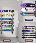 6 Tier Skateboard Wall Mount Rack For Snowboard Longboard And Deck Storage Modular Garage Gear Organizer with various boards