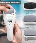Electric Foot Callus Remover Rechargeable Cordless Foot File in hand, showing interchangeable coarse rollers for various skin needs.