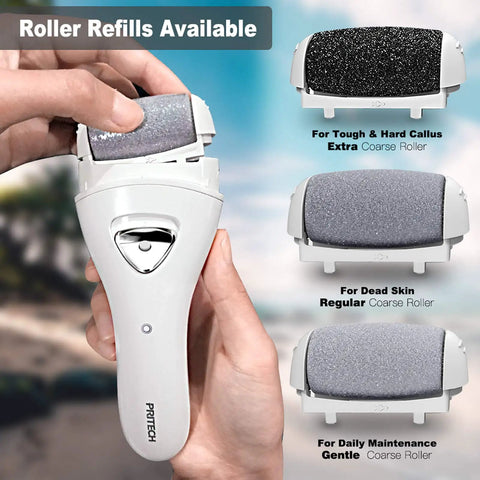 Electric Foot Callus Remover Rechargeable Cordless Foot File in hand, showing interchangeable coarse rollers for various skin needs.