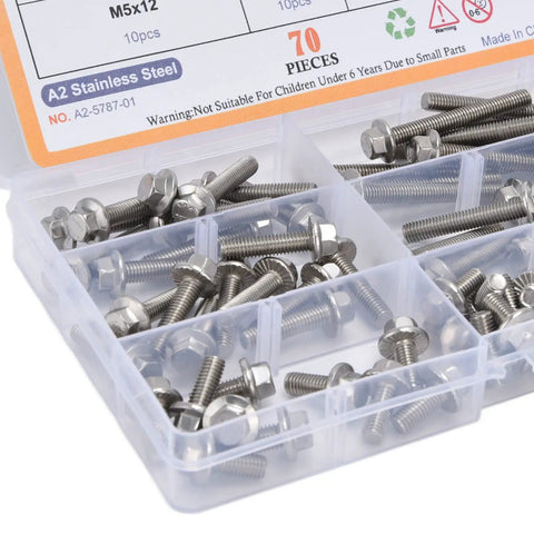 70 Piece M5 Bolt Assortment Kit With Hex Socket Head Cap And Flange Bolts In Stainless Steel 304 For Heavy Duty Fastening And DIY Projects, Rust Resistant Hardware Set Toolbox Must Have displayed in box