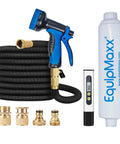 Deionized Inline Water Filter For Streak Free Car Wash And Yard Jobs Three Quarter Inch Quick Attach Fittings With Tds Meter Adjustable Trigger Sprayer And Stretchable Garden Hose Right Dry Every Time, shown with black hose and spray nozzle.