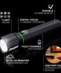 Vision HD Rechargeable LED Flashlight With Digital Focus, Water Resistant Emergency Light, featuring 7 modes and USB charging