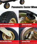Four Pack Rock Solid Heavy Duty Swivel Trolley Casters With Bump Resistant Rubber Tires For Quiet Shock Absorbing Moves Indoors Or Outdoors close-up of pneumatic caster wheels showing rubber surface and dual ball bearings.