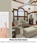 Hand using Ceiling Fan Control And Dimmer Wall Switch 2 In 1 Light And Ceiling Fan Combo Single Pole No Wi Fi Neutral Wire Required Plug And Play Install For Most Fans And Lights in living room